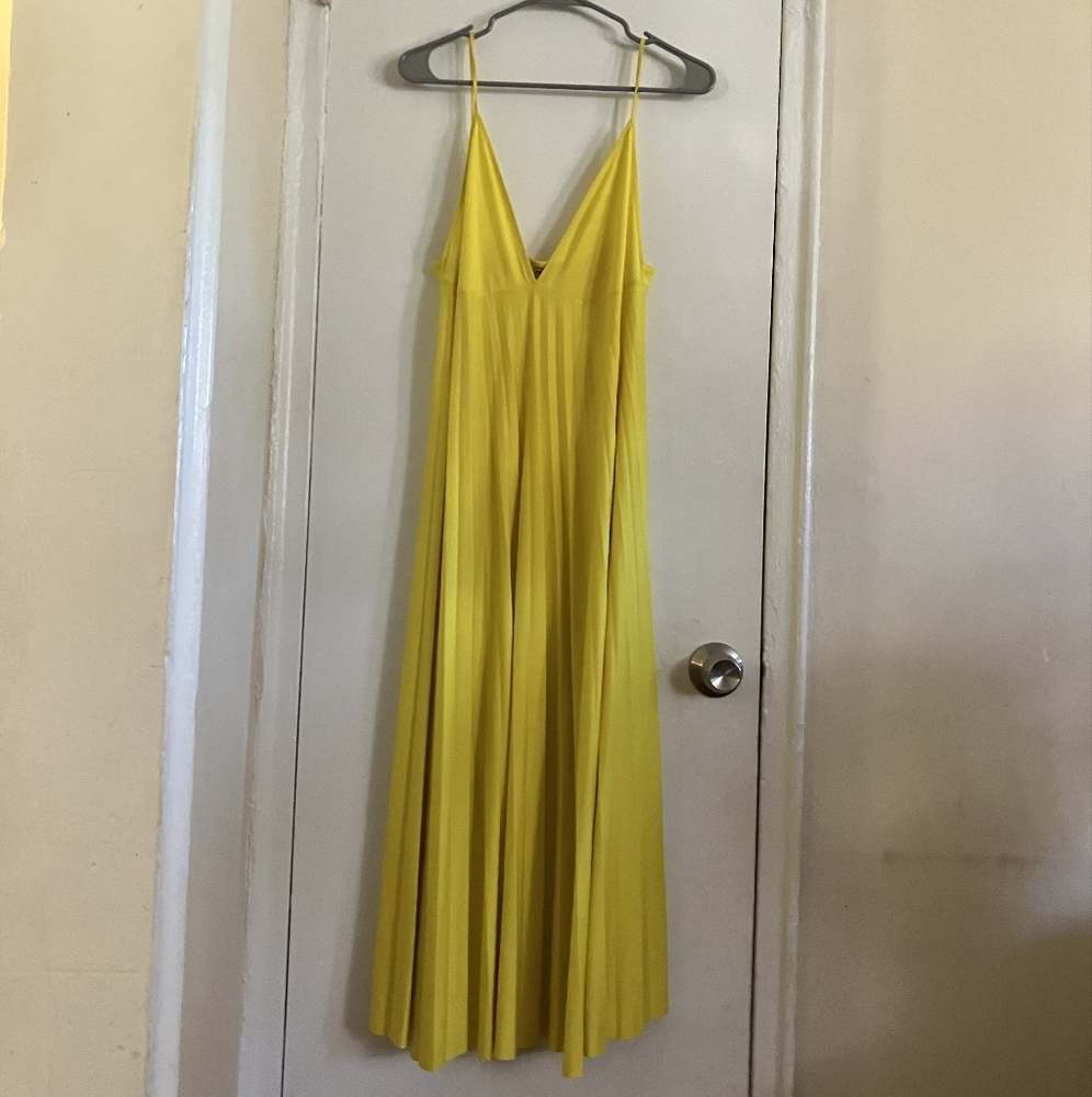 Zara Bright Yellow Pleated Slip Maxi Dress